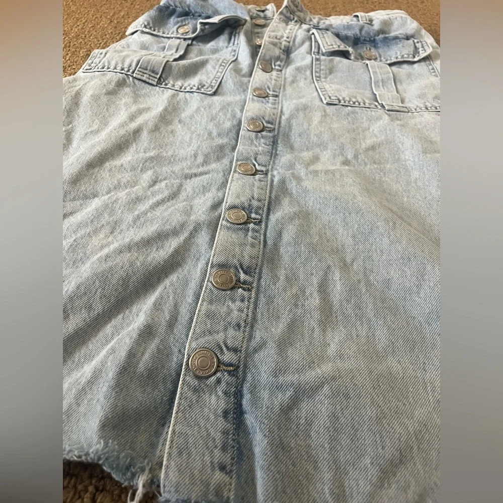 We the Free Denim Midi Jean Skirt Ava Front Button Acid Trashed Cargo Pocket